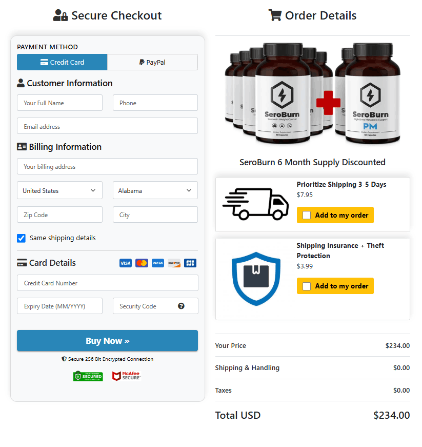 SeroBurn Secure Order Page
